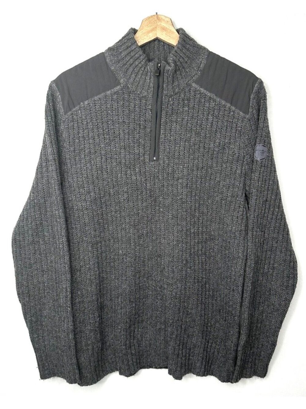 Eddie Bauer Sport Shop Wool Blend Sweater Mens Medium Gray Ribbed Knit 1/4 Zip